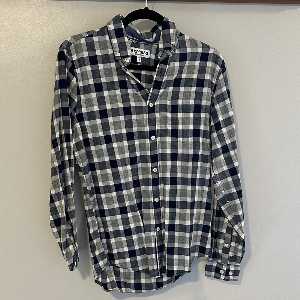 Express Men's Checkered Shirt in Navy and White